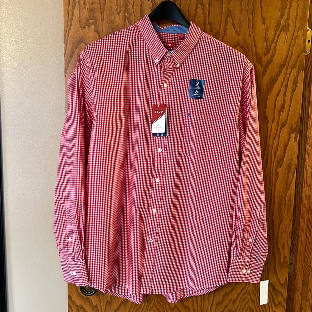 Men’s Izod gingham oxford button down. XL, stretch and no iron. New with tags.